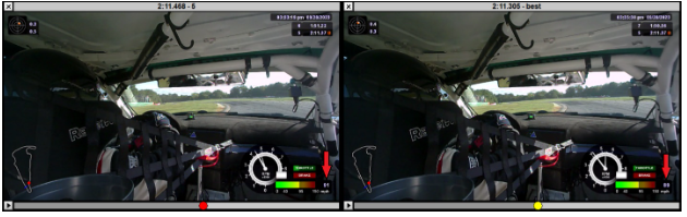Side by side screenshots of the inside of a racecar to showcase a driver as he is racing corners.
